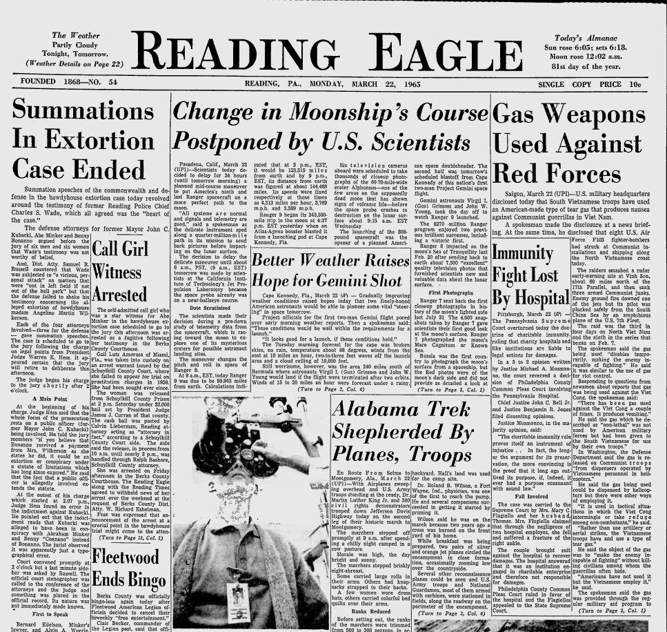 Reading eagle front page 3.21.65 Berks Nostalgia Reading Berks History